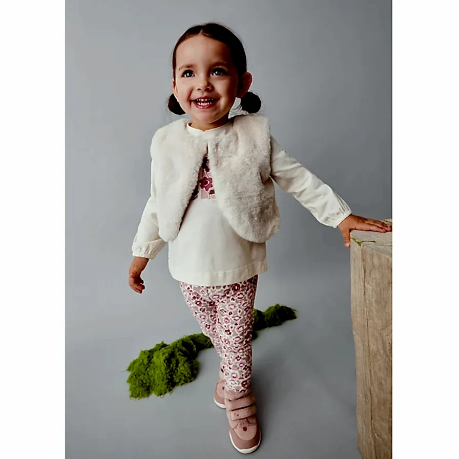 Mayoral Kışlık Kız Bebek Kürk Yelek Sweatshirt Tayt Pantolon Set Ekru