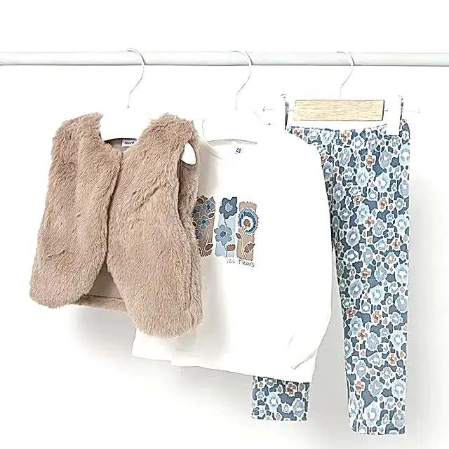 Mayoral Kışlık Kız Bebek Kürk Yelek Sweatshirt Tayt Pantolon Set Bej