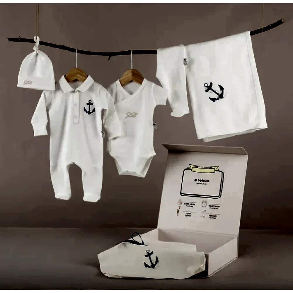 Mayys Baby Asil Marin Nakışlı Organik 5'li Hastane Çıkış Seti Krem