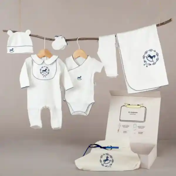 Mayys Baby Asil İndigo Tığ İşi Süslemeli Çelenkli At Nakışlı 6' li Organik Hastane Çıkış Seti Krem