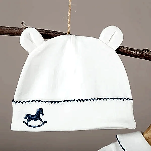 Mayys Baby Asil İndigo Tığ İşi Süslemeli Çelenkli At Nakışlı 6' li Organik Hastane Çıkış Seti Krem