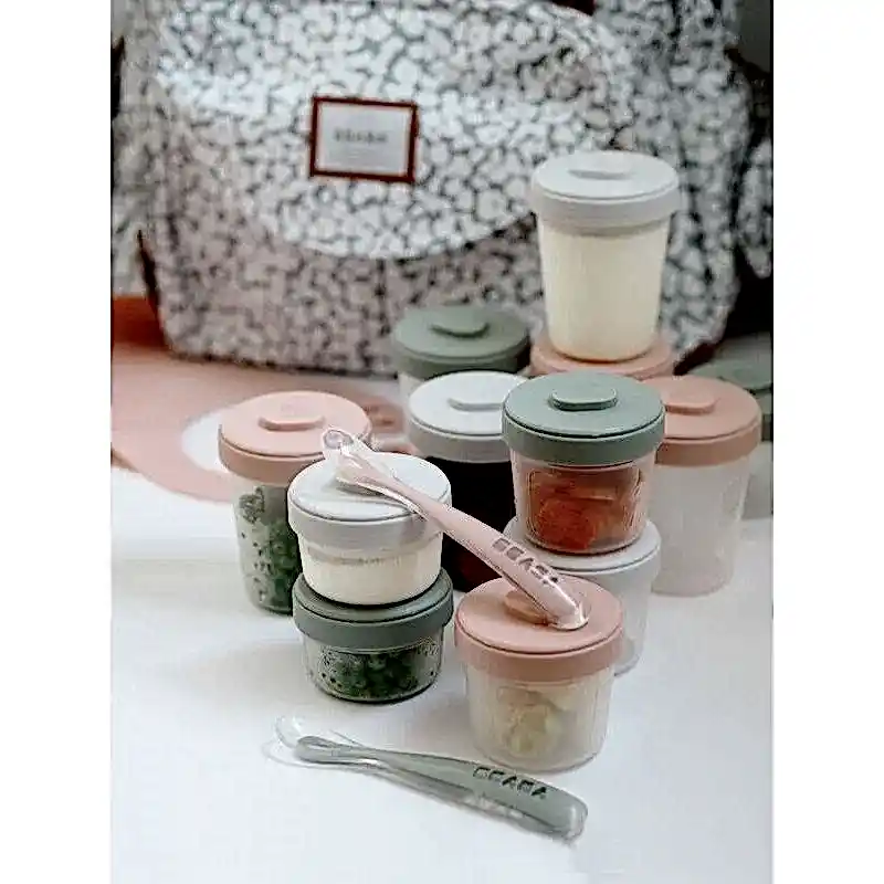 Beaba 12Li Saklama Kabı Ve  Silikon Kaşık Seti Pink And Grey Lids