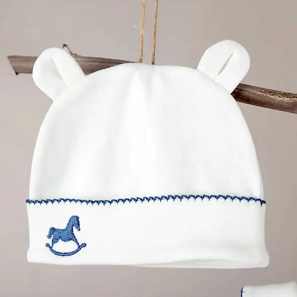 Mayys Baby Asil İndigo Tığ İşi Süslemeli Çelenkli At Nakışlı 8' li Organik Hastane Çıkış Seti Krem