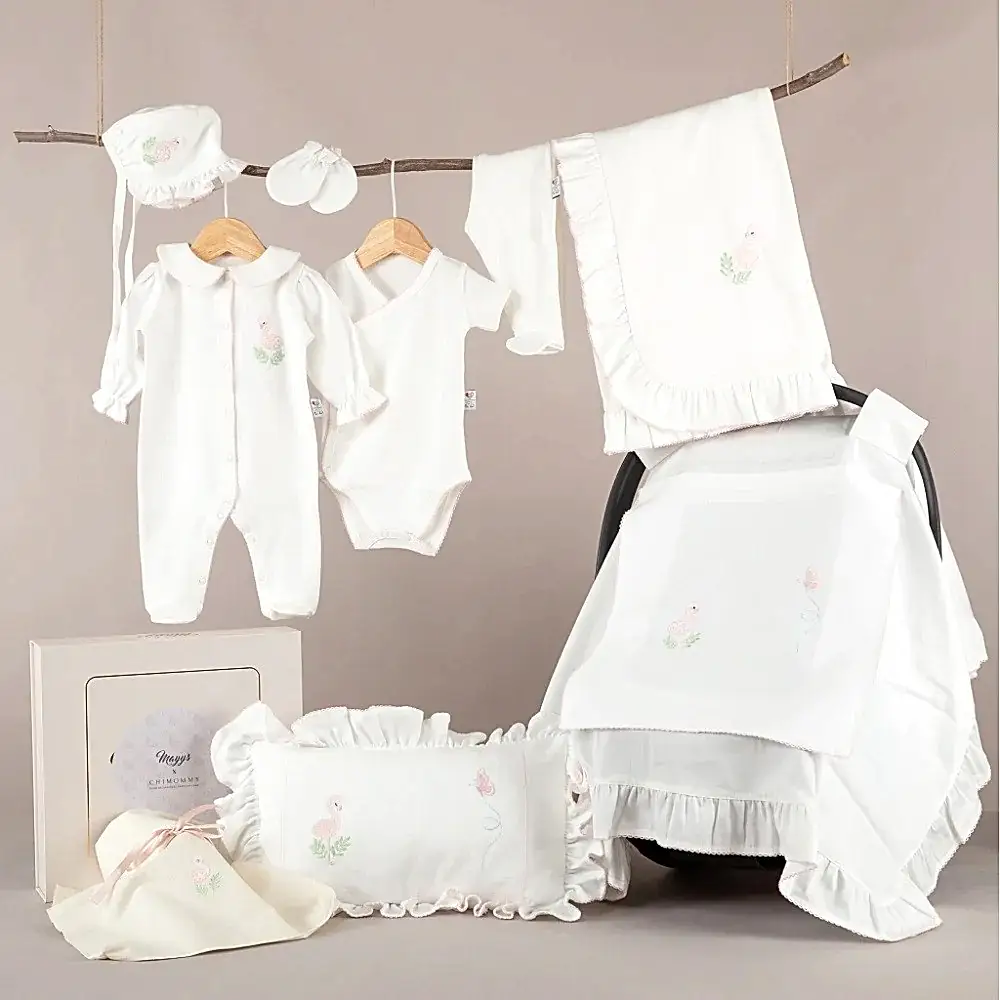 Mayys Baby Nazenin Flamingo Nakışlı Pembe Tığ işi Süslemeli Organik 8'li Hastane Çıkış Seti Krem