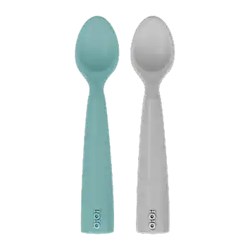 OiOi Silikon Mama Kaşığı Nam Nam 2'li Kaşık Aqua Green / Powder Grey