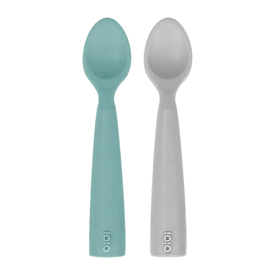 OiOi Silikon Mama Kaşığı Nam Nam 2'li Kaşık Aqua Green / Powder Grey