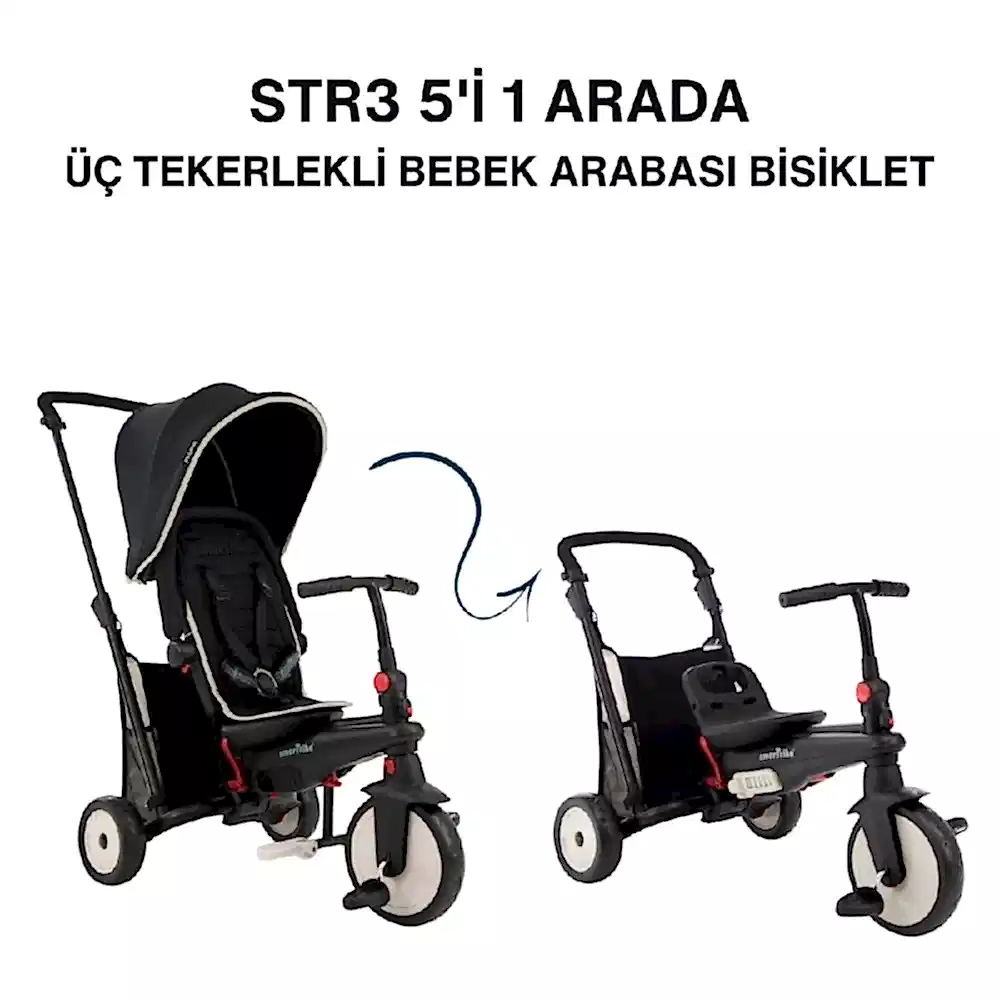 SmarTrike STR3 Plus 5’i 1 Arada Modüler Katlanabilir Bebek Arabası ve Üç Tekerlekli Bebek Bisikleti - Siyah